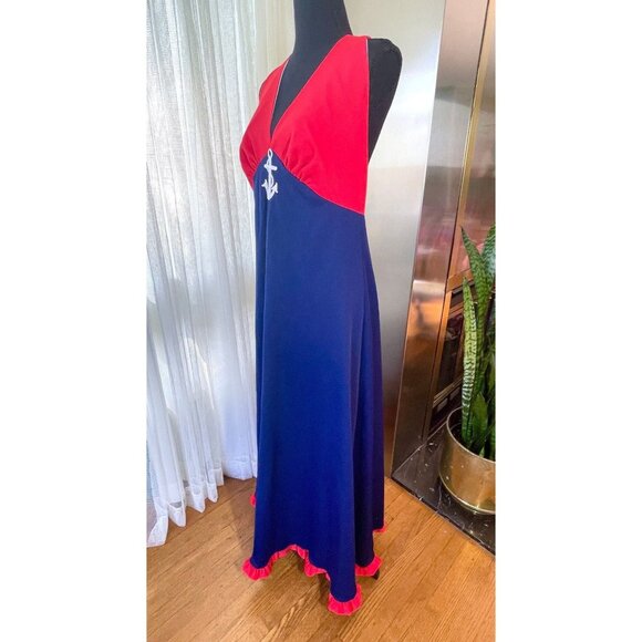 Vintage 70s halter dress, red and navy blue, polyester, nautical maxi, 8/10 (M) - Picture 1 of 10